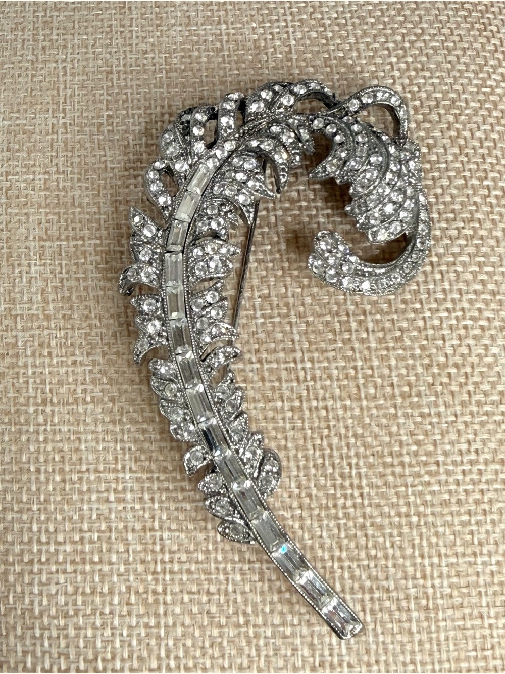 Anne Klein AK feather plume brooch brilliant-cut and baguette-cut rhinestones